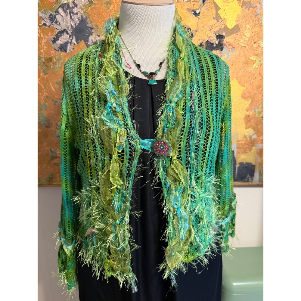Ione Designs Green Turquoise Open Knit Eyelash Fringe Cardigan Artsy Lagenlook